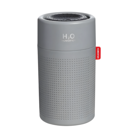 Grauer H2O Luftbefeuchter, zylindrisch, tragbar, modernes Design, für Raumluftbefeuchtung.