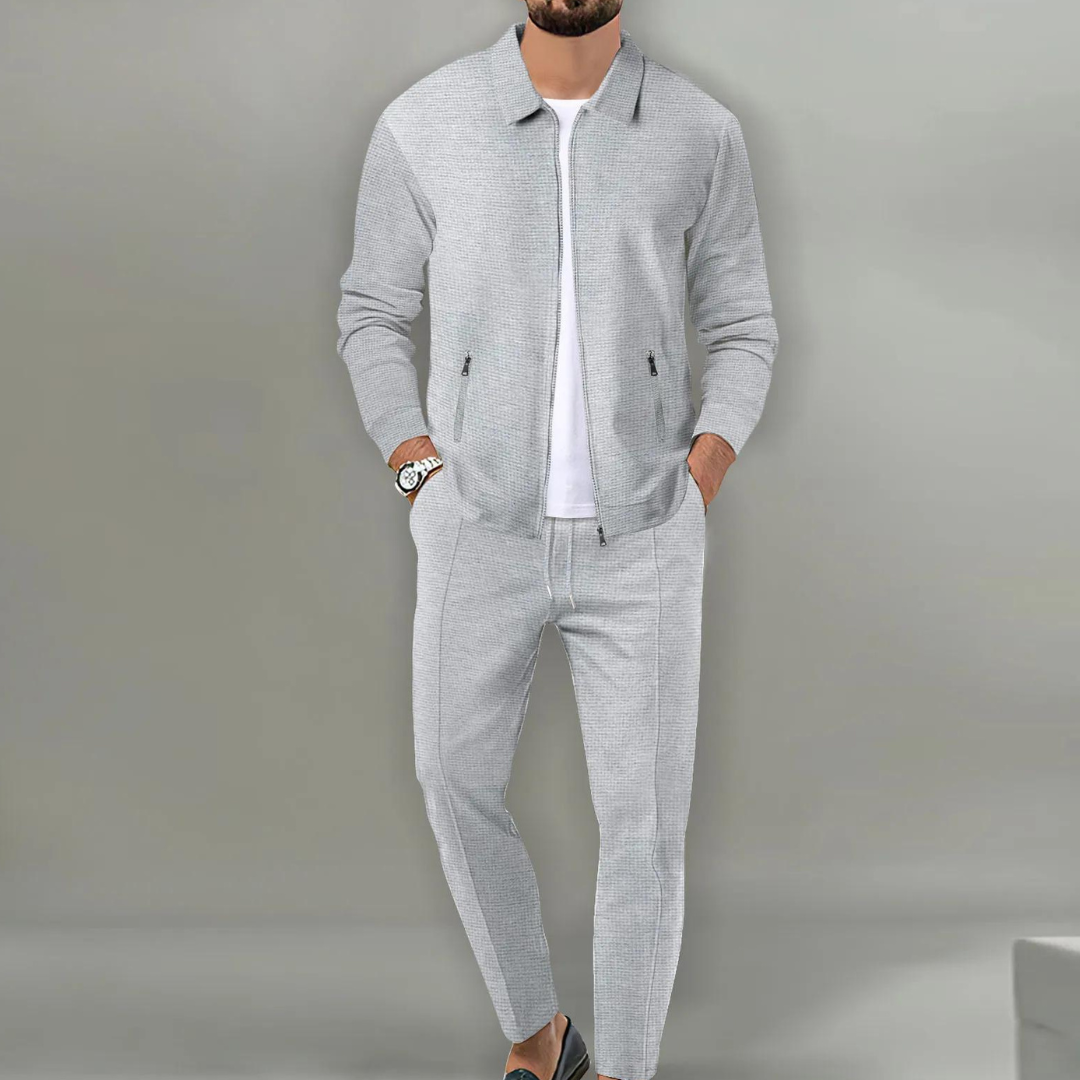 Grauer Herren-Trainingsanzug, Reißverschlussjacke, Jogginghose, Freizeitmode, Baumwolle.