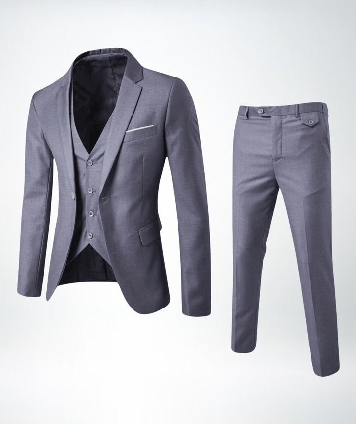 Grauer Herrenanzug dreiteilig, Sakko, Weste und Hose, elegantes Design, Businessmode.