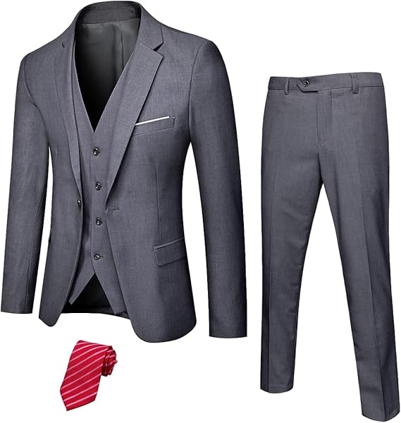 Grauer Herrenanzug mit Weste und roter Krawatte, elegantes Business-Outfit, dreiteilig.