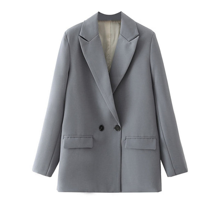 Grauer Damenblazer, zweireihig, elegant, Business-Mode, formell, klassisch, hochwertig.