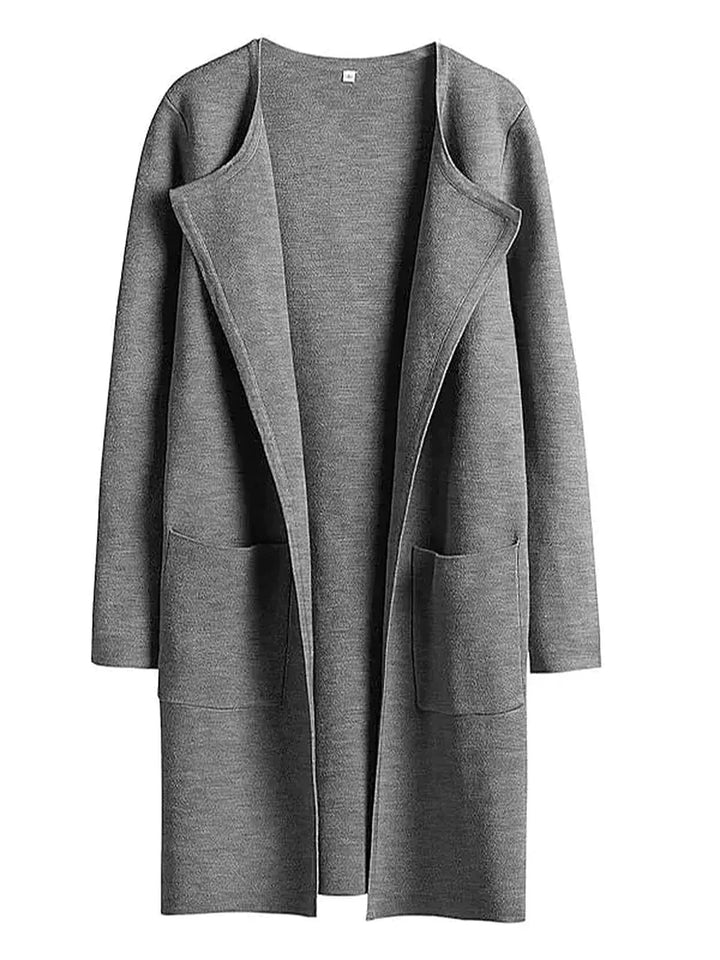Grauer Damen-Cardigan aus Wolle, offenes Design, lange Ärmel, Taschen, modisch, bequem.