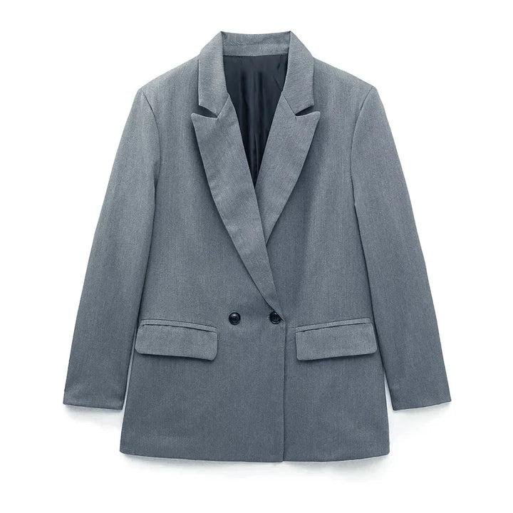 Grauer Damen-Doppelreiher-Blazer, klassisch, Büro, elegant, modisch, Anzugjacke.