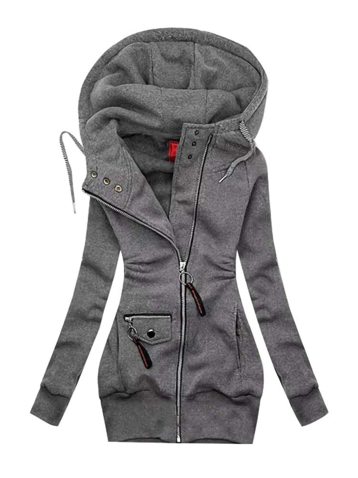 Grauer Damen-Kapuzenpullover mit Reißverschluss, modisch, bequem, Freizeitkleidung.