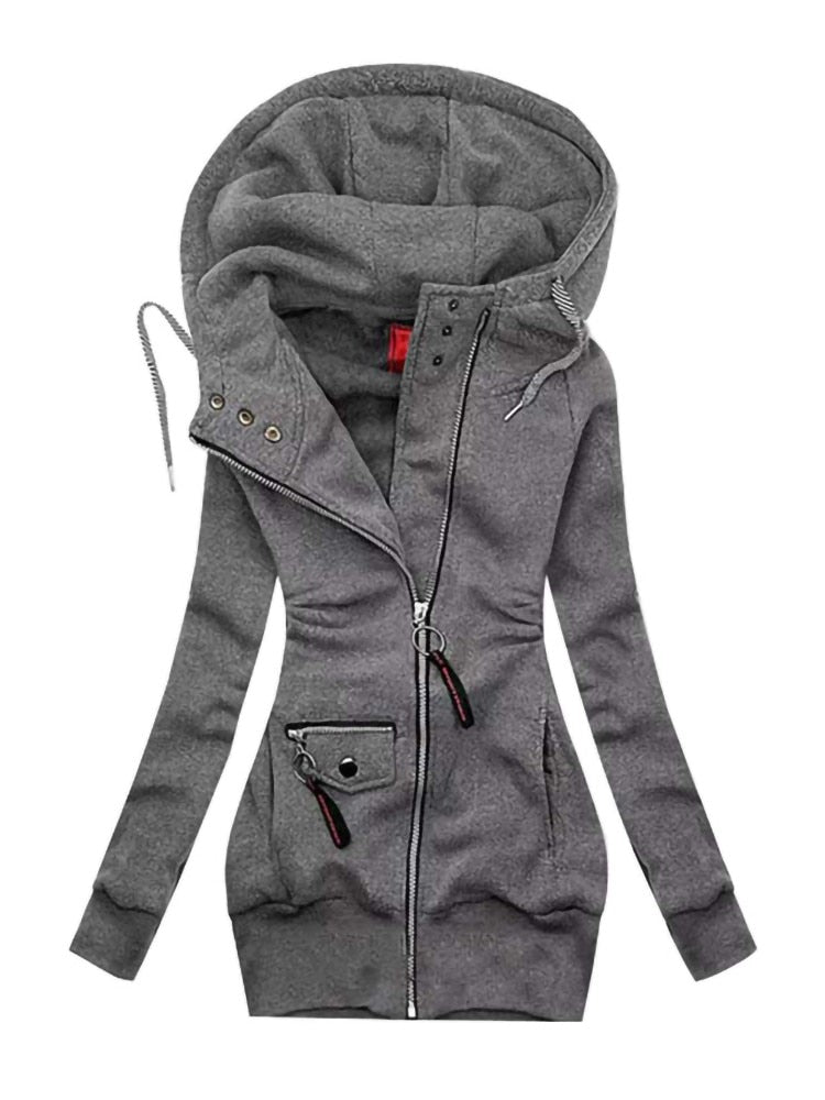 Grauer Damen-Kapuzenpullover mit Reißverschluss, Taschen und Kordelzug, Freizeitmode.