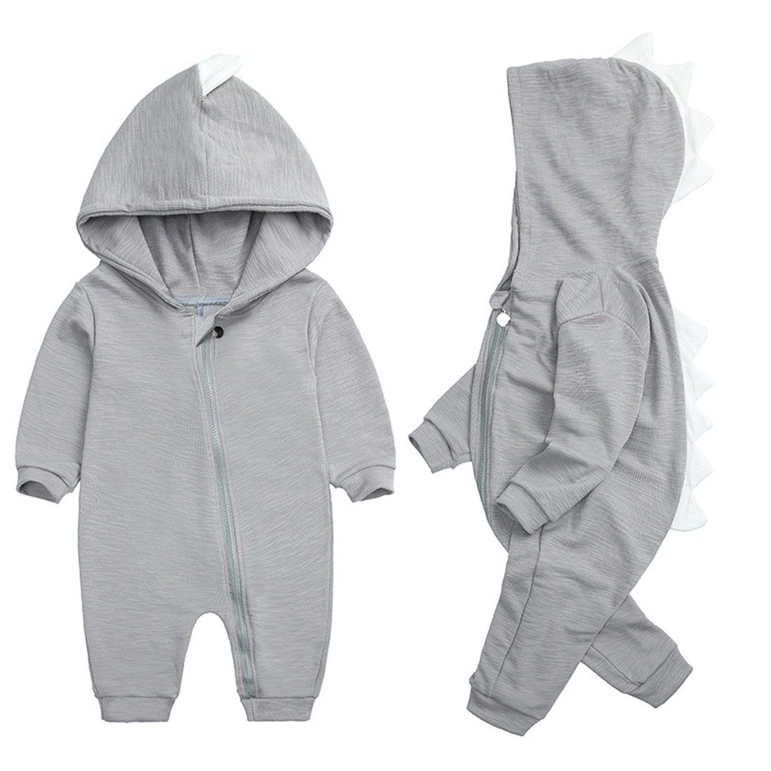 Grauer Baby-Dinosaurier-Overall mit Kapuze und Reißverschluss, weiches Material.