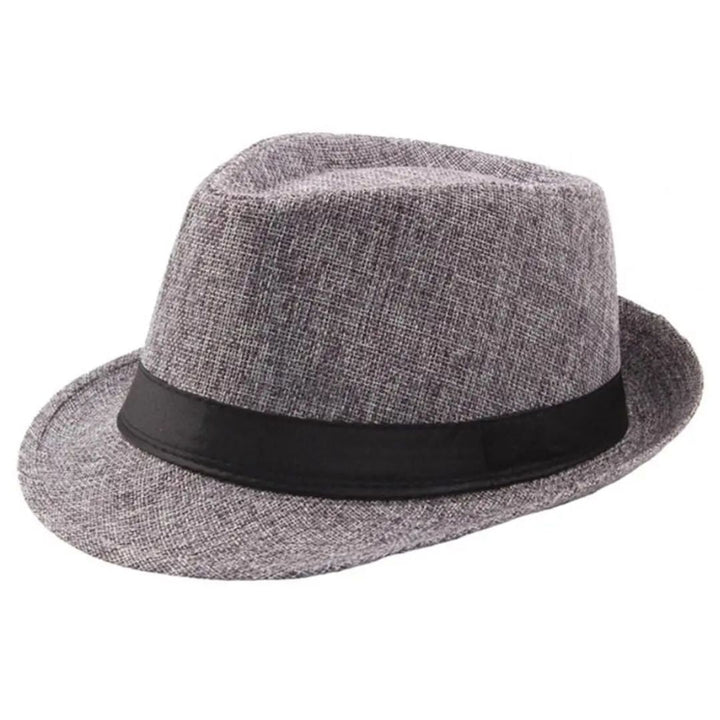 Grauer Fedora-Hut aus Filz mit schwarzem Band, stilvoller Herrenmode-Accessoire.