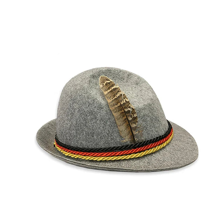 Grauer Filzhut mit Feder, Deutschlandfarben-Kordel, traditioneller Trachtenhut, Oktoberfest Accessoire.