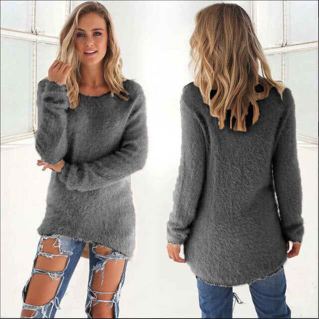 Damen-Flauschpullover grau, langärmelig, lässig, bequem, modisch, Herbstmode.