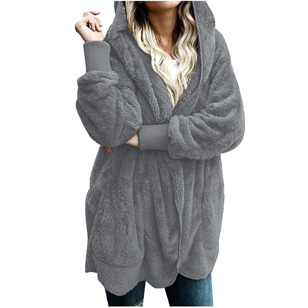 Damen Kapuzenpullover, grau, flauschig, warm, Wintermode, gemütlich, Freizeitkleidung.