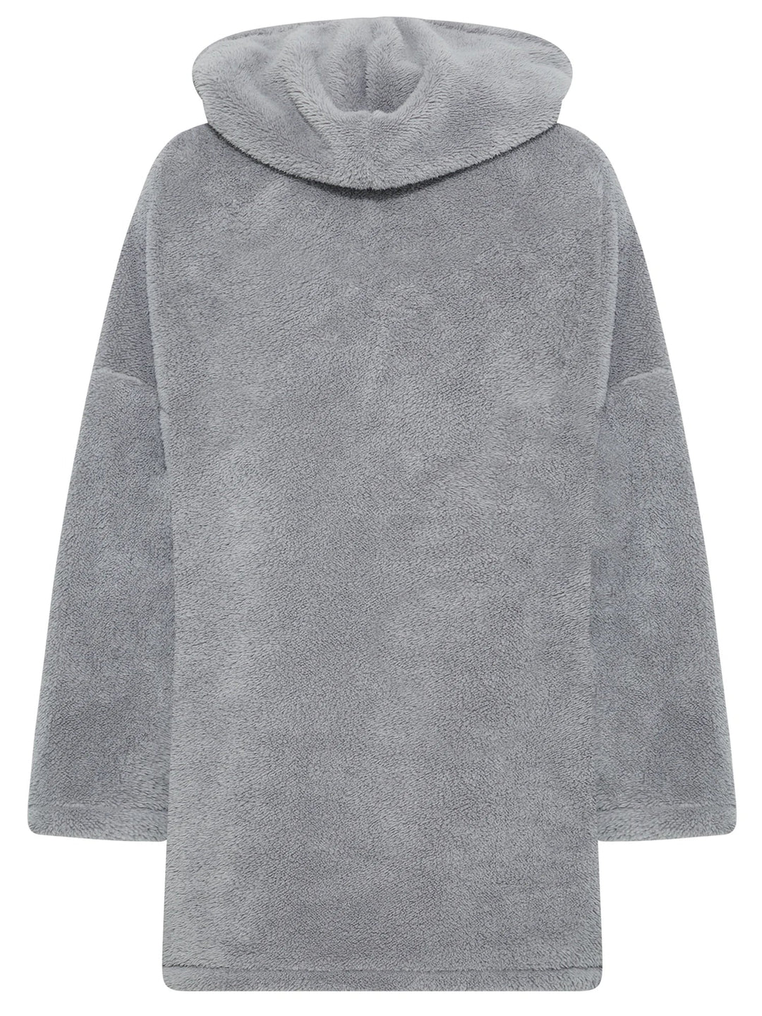 Grauer Kapuzenpullover aus Fleece, kuschelig und warm, ideal für kalte Tage.