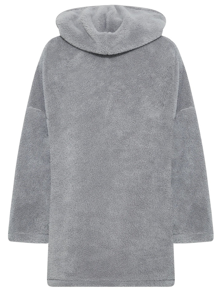 Grauer Kapuzenpullover aus Fleece, kuschelig und warm, ideal für kalte Tage.