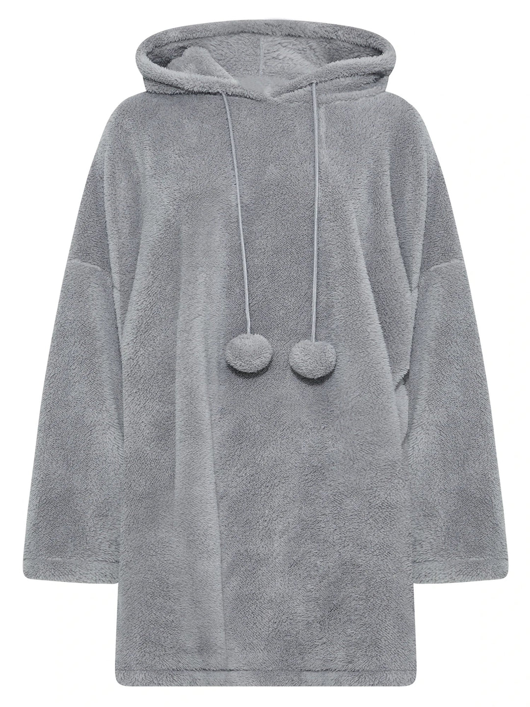 Grauer Kapuzenpullover aus Fleece, gemütlich, mit Kordeln und Pompons, ideal für kalte Tage.