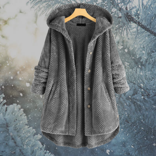 Grauer Damenmantel mit Kapuze, Winterjacke, warm, weiches Material, modisch, gemütlich.