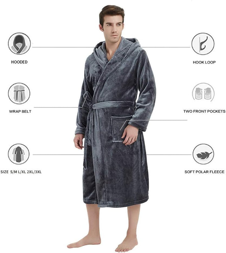 Grauer Herren-Bademantel, Kapuze, Fleece, Taschen, Gürtel, weich, warm, verschiedene Größen.