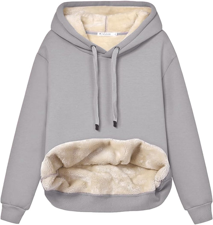 Grauer Kapuzenpullover mit Plüschfutter, Kängurutasche, Unisex, warm, bequem, Wintermode.