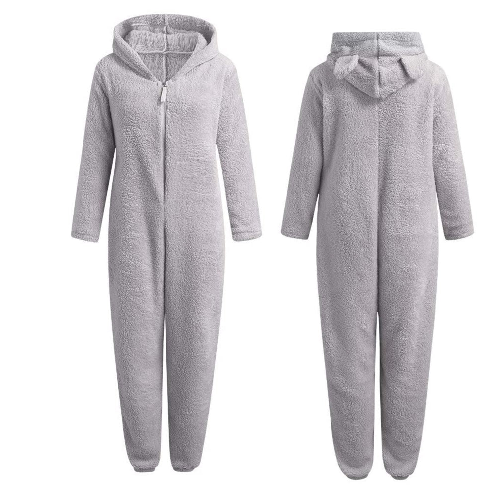 Grauer Fleece-Overall mit Kapuze, Reißverschluss, langärmelig, gemütlicher Einteiler für Damen.