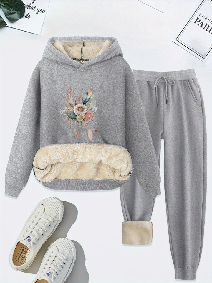 Grauer Damen-Hoodie mit Blumenmuster und Jogginghose, flauschiges Innenfutter, Freizeitmode.