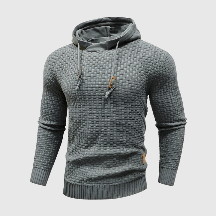 Grauer Strickpullover mit Kapuze, Herrenmode, Baumwolle, strukturiertes Design, Freizeitkleidung.