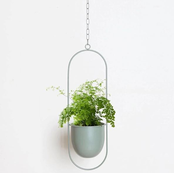 Grauer ovaler hängender Blumentopf mit Pflanze, modernes Design, Inneneinrichtung, Metallkette.