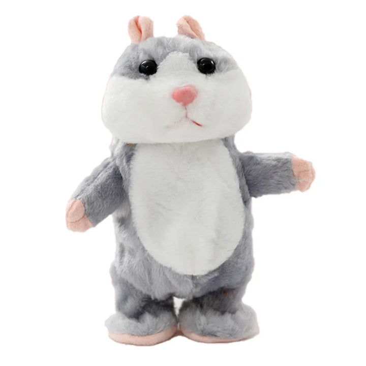Grauer Plüsch-Hamster, stehende Position, weiches Spielzeug, Kinder, Geschenkidee.