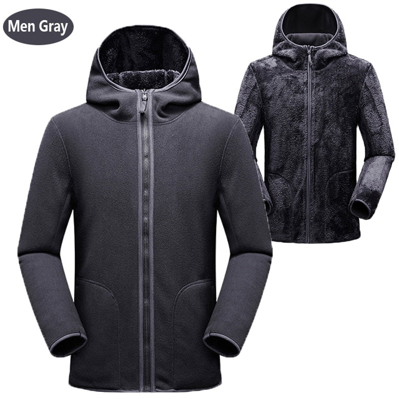 Grauer Herren-Fleecejacke mit Kapuze, Reißverschluss, warm, wintertauglich, modisch.