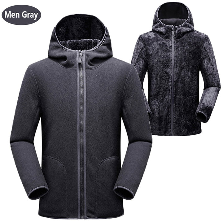 Grauer Herren-Fleecejacke mit Kapuze, Reißverschluss, warm, wintertauglich, modisch.