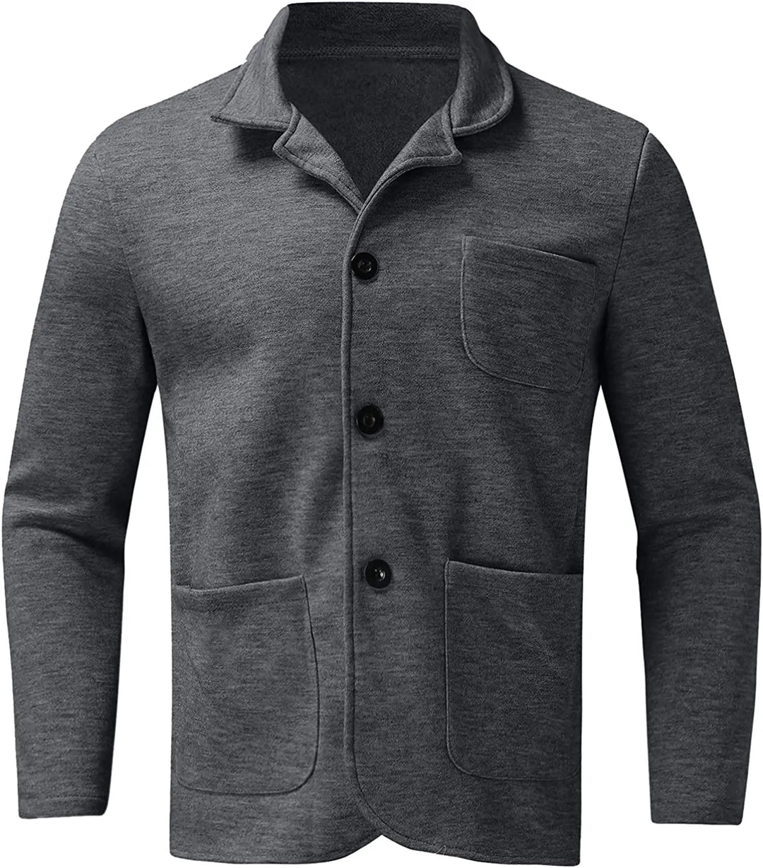 Grauer Herren-Cardigan, Knopfleiste, weiches Material, modisch, langärmlig, Freizeitkleidung.