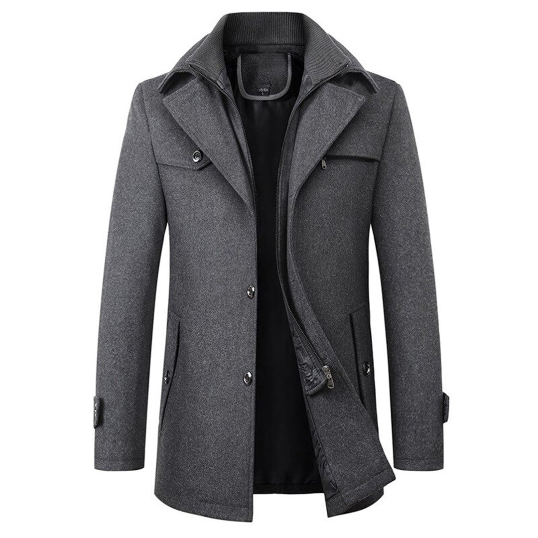 Grauer Herren-Wollmantel, Winterjacke, klassisches Design, Knopfleiste, modisch, warm.