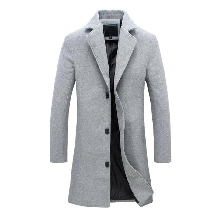 Grauer Herren-Wollmantel, eleganter Wintermantel, klassischer Stil, Knopfleiste.