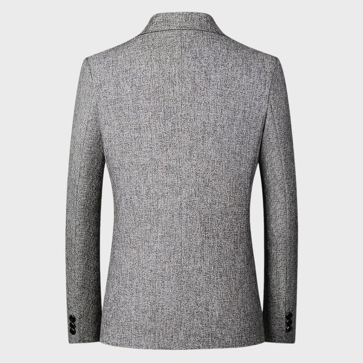 Grauer Herrenblazer, stilvoll, Rückansicht, elegantes Design, hochwertige Verarbeitung.