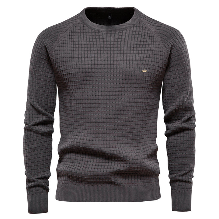 Grauer Herrenpullover aus 100% Baumwolle, O-Ausschnitt, Wintermode, hochwertiges Strickdesign.