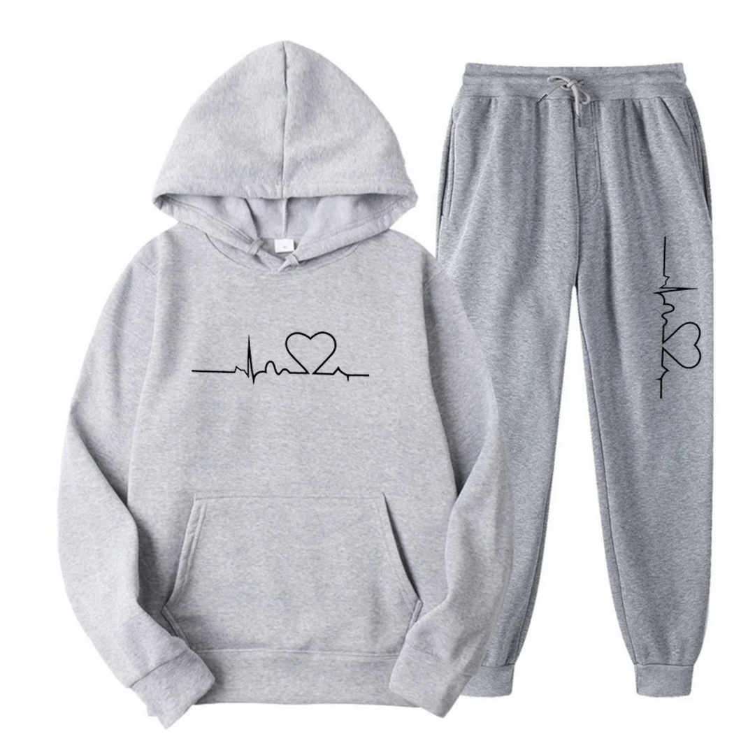 Grauer Kapuzenpullover und Jogginghose Set mit Herz-EKG-Design, Baumwolle, Unisex, bequem.
