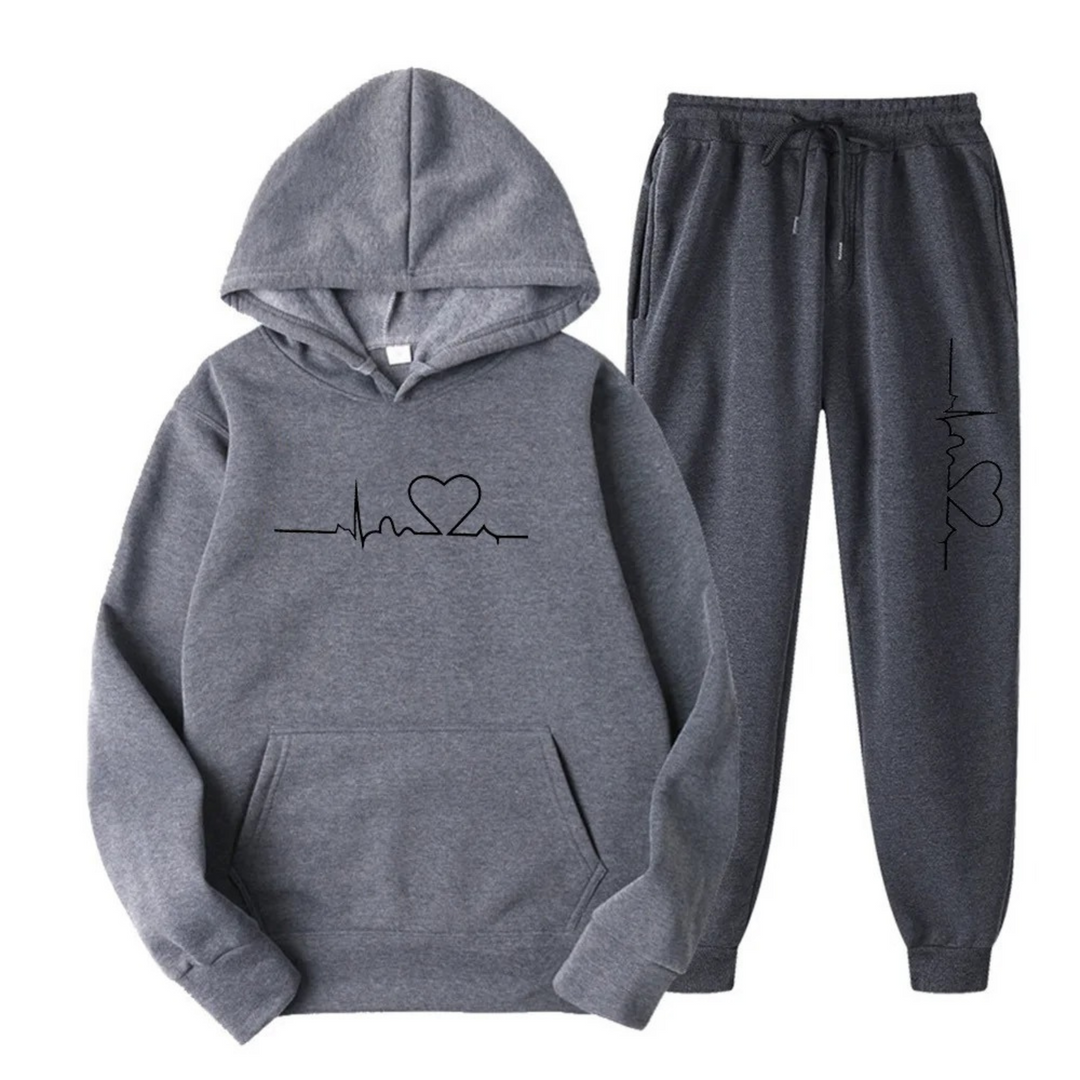 Grauer Kapuzenpullover und Jogginghose Set mit Herz-EKG-Design, Baumwolle, Unisex, Freizeitkleidung.