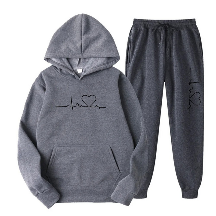 Grauer Kapuzenpullover und Jogginghose Set mit Herz-EKG-Design, Baumwolle, Unisex, Freizeitkleidung.