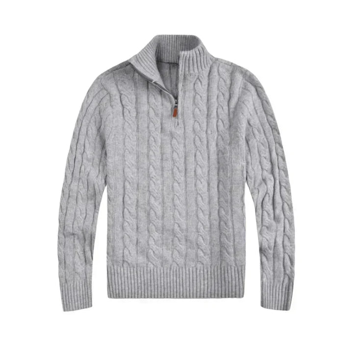Grauer Strickpullover mit Reißverschluss, Herrenmode, Winterkleidung, Zopfmuster, Baumwolle.
