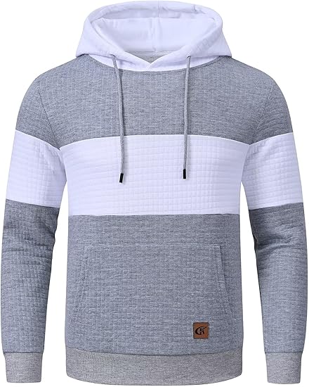 Grauer Herren-Hoodie mit weißen Streifen, Kapuze und Kängurutasche aus Baumwollmischung.