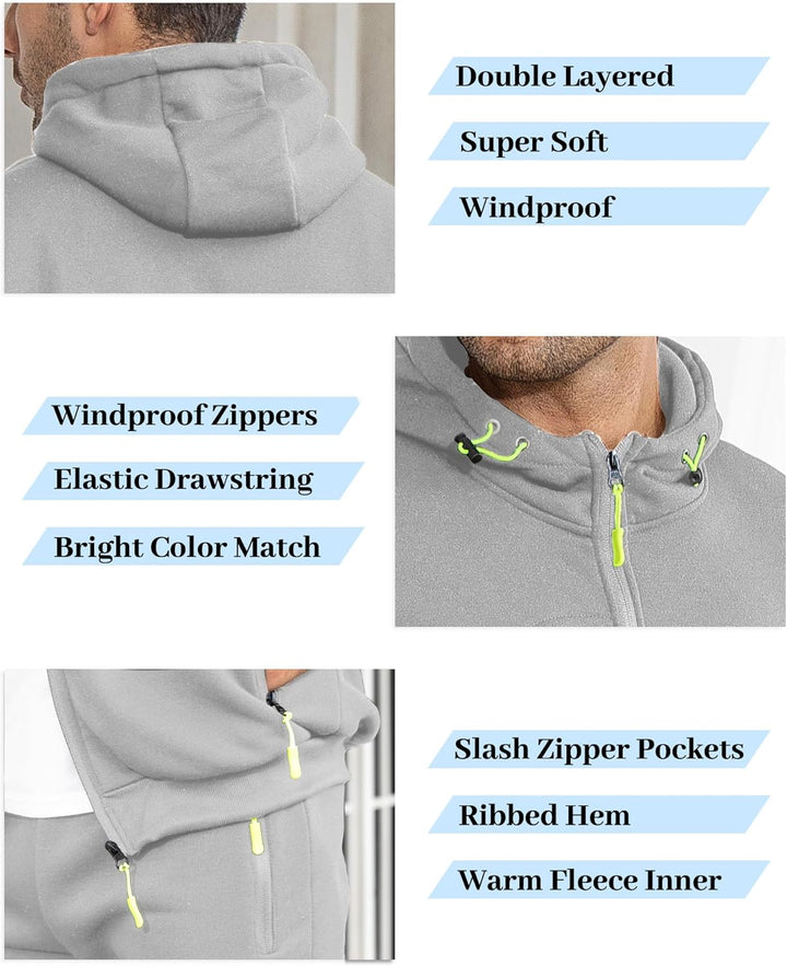 Grauer Herren-Hoodie, winddicht, doppellagig, mit Reißverschlusstaschen und elastischem Kordelzug.