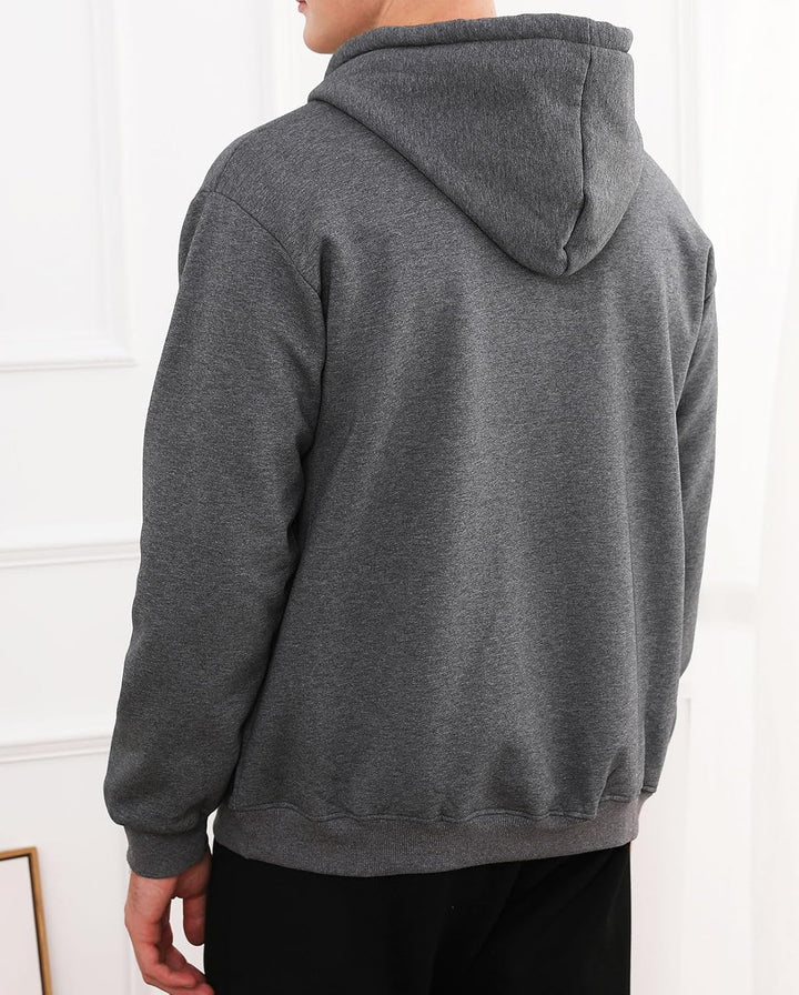 Grauer Kapuzenpullover Herren, Baumwolle, lässig, warm, modisch, Rückansicht, Herbstmode.