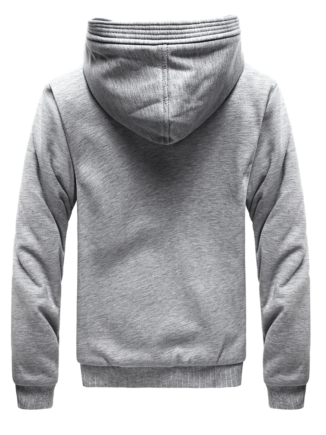 Grauer Kapuzenpullover aus Baumwolle, Rückansicht, Herrenmode, lässig, bequem, warm.