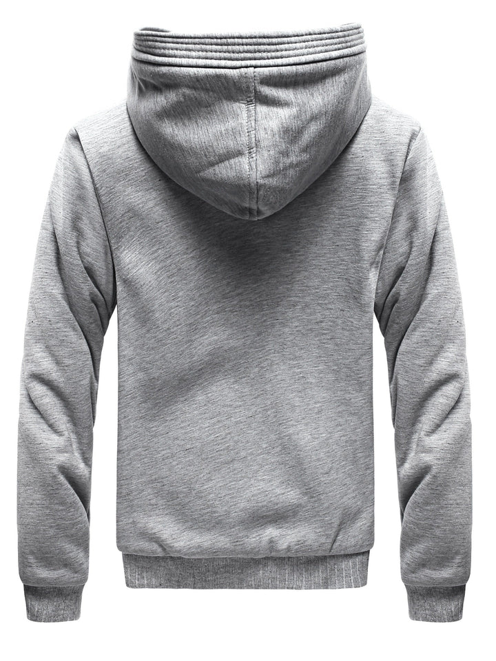 Grauer Kapuzenpullover aus Baumwolle, Rückansicht, Herrenmode, lässig, bequem, warm.