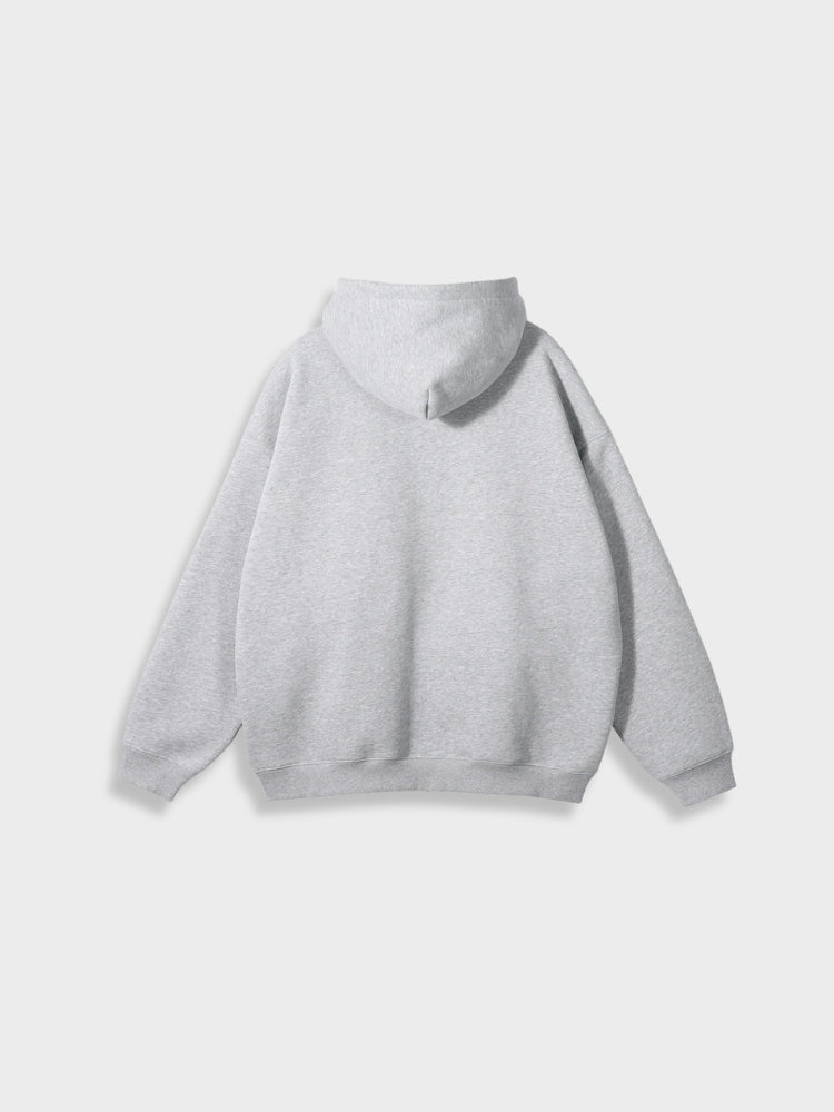 Grauer Kapuzenpullover aus Baumwolle, Rückansicht, lässiger Stil, Unisex-Mode.