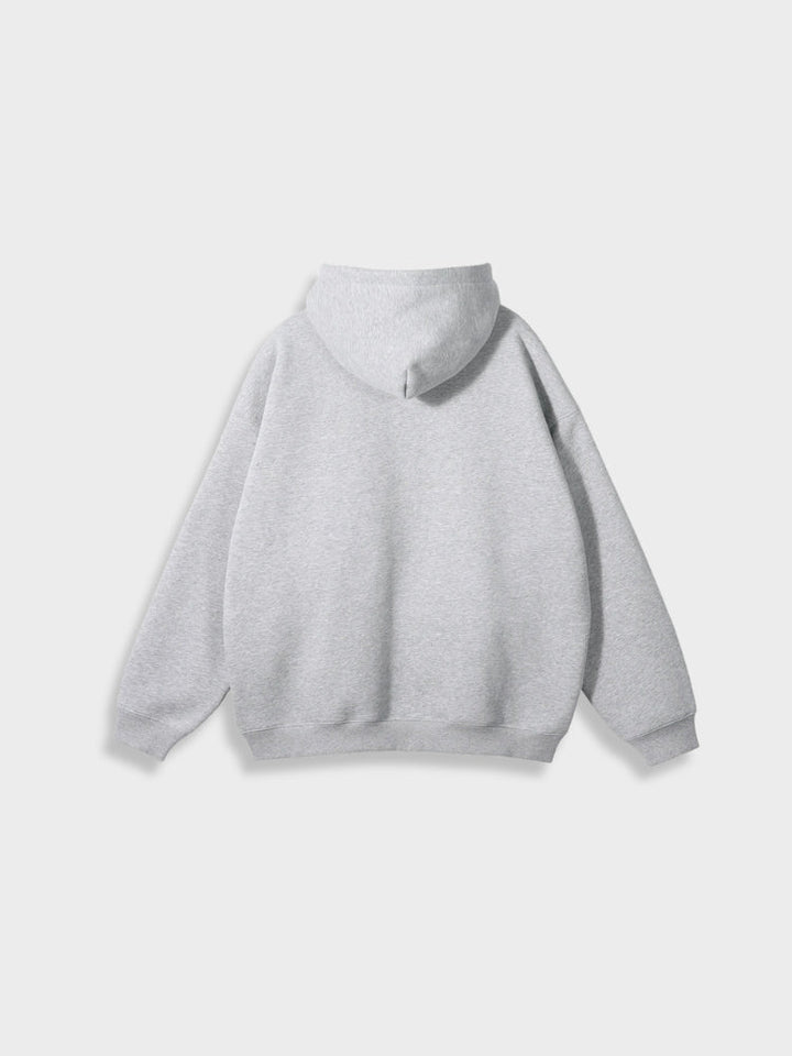 Grauer Kapuzenpullover aus Baumwolle, Rückansicht, lässiger Stil, Unisex-Mode.
