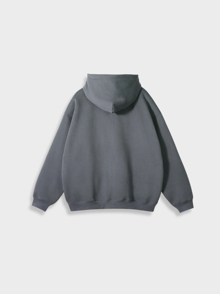 Grauer Kapuzenpullover aus Baumwolle, Unisex, Rückansicht, lässiger Stil, modische Freizeitkleidung.