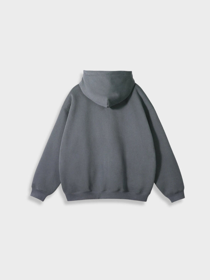 Grauer Kapuzenpullover aus Baumwolle, Unisex, Rückansicht, lässiger Stil, modische Freizeitkleidung.