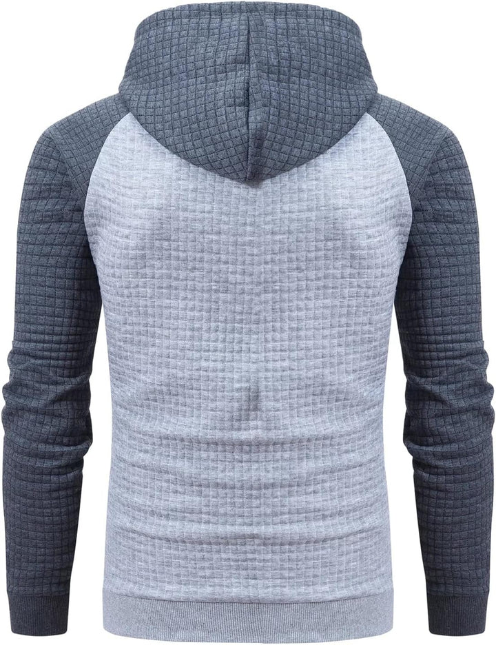 Grauer Kapuzenpullover für Herren, kariertes Design, Langarm, Baumwolle, modisch, bequem.