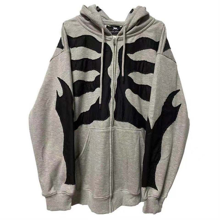 Grauer Kapuzenpullover mit schwarzem Skelett-Design, Unisex, Baumwolle, Streetwear-Mode.