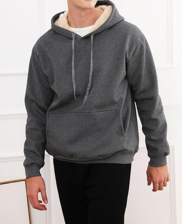Grauer Herren-Hoodie mit Kapuze, Kängurutasche, Fleece-Futter, lässige Wintermode.