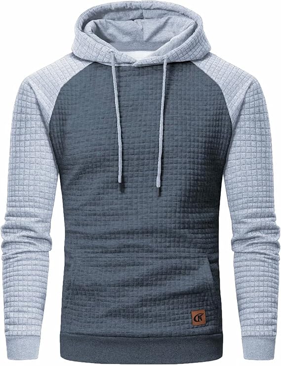 Grauer Kapuzenpullover für Herren, gesteppter Stoff, langärmlig, modisch, bequem.