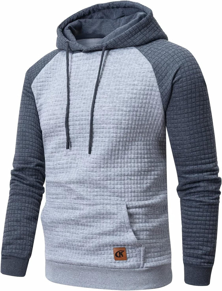 Grauer Kapuzenpullover für Herren, kariertes Design, Baumwolle, Freizeitmode, Langarm.